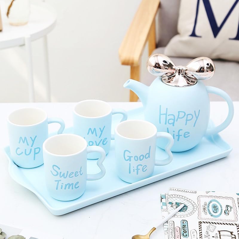 Water Pitcher Cute Girl Heart Ceramic Creative Water Set Tea Set Living Room Water Cup Coffee Cup Heat-Resistant Tea Cup Household Cup Set Water Jug(Blue) - Image 3