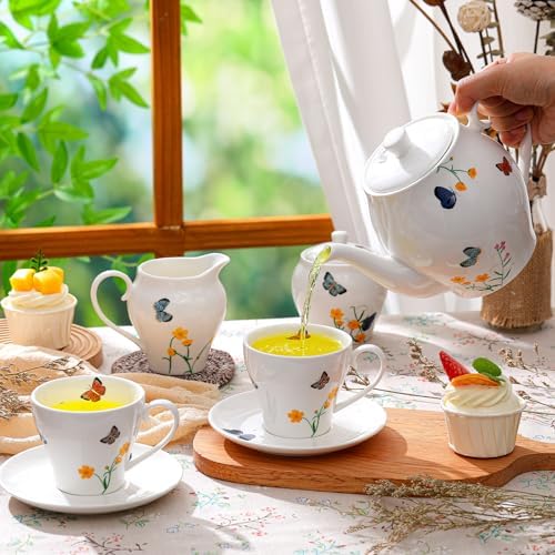 Zhehao 7-Piece British Porcelain Tea Set for Adults, Vintage Butterfly Floral Tea Party Set with 32oz Teapot, 7oz Cups and Saucers Creamer Sweet Bowl, Elegant Luxury Gift for Women Wedding Birthday - Image 3