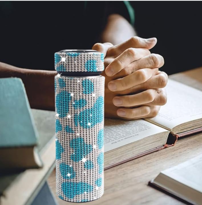 17 oz Bling Stainless Steel Water Bottle Rhinestone Vacuum Water Bottle Glitter Bottles Diamond Vacuum Flask Mug Gift Girls Women (500ml),Cow Sky Blue - Image 5