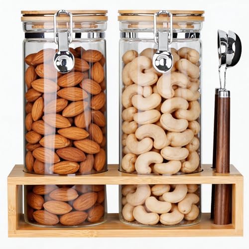 KKC Nut Storage Containers with and Scoops, 2 Pack (50 oz / 1.5L) - Glass Nut Jars with Bamboo Lids, Kitchen Counter Nut Storage for Almonds Cashews Walnuts by KKCHOMEACCENTSGmbH