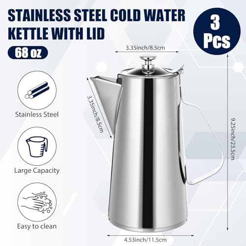 Honeydak 3 Pcs Stainless Steel Pitcher with Lid 2 Liter Stainless Steel Kettle Metal Cold Water Pitcher Large Capacity Tea Kettle Jug Beverage Dispenser with Handle for Home Restaurant Office (Sliver) - Image 3