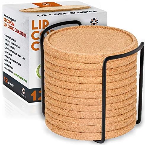 Cork Coasters with Lip for Drinks Absorbent | 12 Set 4 Inch Thick Rustic Saucer with Metal Holder Heat & Water Resistant | Best Reusable Natural Round Coasters for Bar Glass Cup Table by Decopom