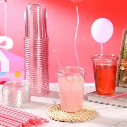 Ziliny 100 Sets Plastic Cups with Pink Heart Straws and Lids, Pink, 16 oz - Image 2