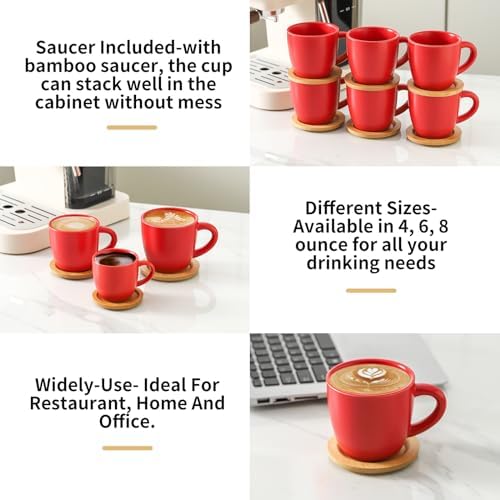 HASENSE Cappuccino Cups with Bamboo Saucers Set of 6, 8 OZ Ceramic Espresso Cups with Handle for Double Shot, Latte, Mocha, Stackable Coffee Cups for Cafes, Home and Office, Red - Image 5