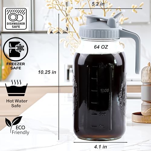 Cold Brew Coffee Maker 64 Oz Mason Jar Cold Brew Pitcher With Strainer 2 Set Half Gallon Wide Mouth Glass Iced Coffee Maker With Spout Lids 2 Quart Glass Pitcher For Fridge, Lemonade, Cold Brew - Image 5