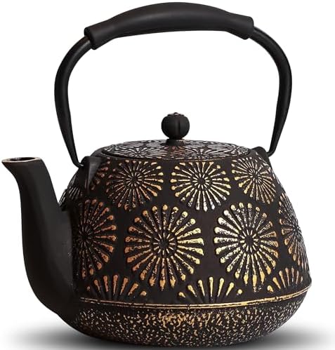 Cast Iron Teapot, 40oz Tea Kettle with Infuser for Stove Top, Sakura Design Japanese Tea Pot for Loose Leaf Coated with Enameled Interior, Silicone Handle 1200ml Black by MILVBUSISS