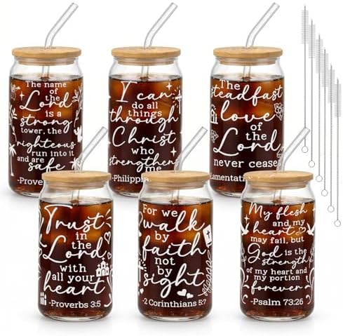 Glass Cups with Lids and Straws, 6Pack, 16oz, Christian Bible by Culudea