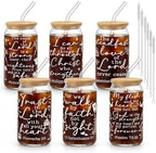 Glass Cups with Lids and Straws, 6Pack, 16oz, Christian Bible by Culudea