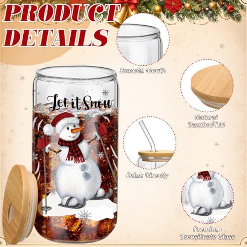 Teenyyou 12 Sets of Christmas Glasses Cups with Bamboo Lid and Glass Straw 16 oz Red and Black Plaid Christmas Glass Jar Drinking Cups Wreath Santa Coffee Cup for Women Men Xmas Holiday Party Gifts - Image 2