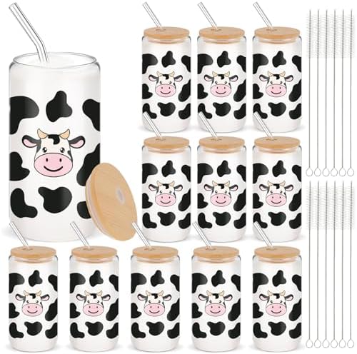 12 Set 16oz Cow Glass Cups Bamboo Lids Straws Racing by Yetene