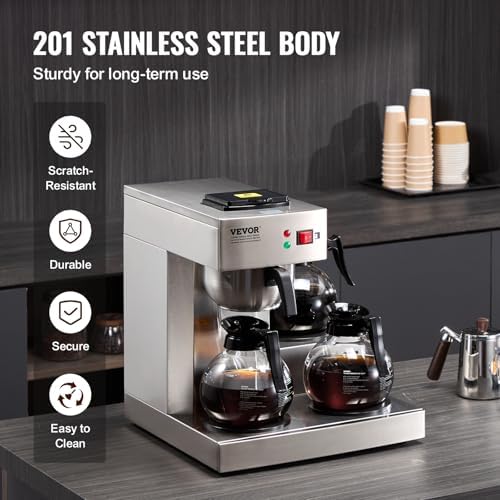 VEVOR 12 Cups Commercial Drip Coffee Maker, Coffee Maker Machine with 3 Glass Carafes and 3 Warmer Plates, Stainless Steel Pour Over Coffee Brewer for Restaurant, Office, Cafe - Image 5