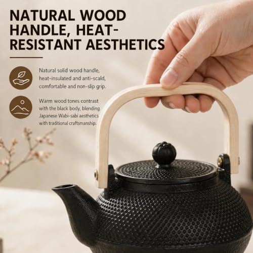 30.4oz Small Cast Iron Teapot with Wooden Handle, Black Tea Pot with Enamel Interior & Strainer, Japanese Style Tea Kettle for Loose Leaf Tea, Suitable for Electric Stove & Induction Cooker - Image 7