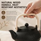 30.4oz Small Cast Iron Teapot with Wooden Handle, Black Tea Pot with Enamel Interior & Strainer, Japanese Style Tea Kettle for Loose Leaf Tea, Suitable for Electric Stove & Induction Cooker - Image 7