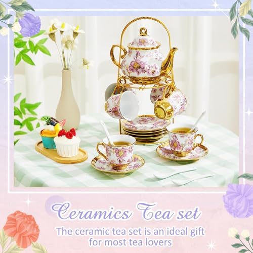 Zhehao 20 Pcs Porcelain Tea Set for Adult, with Metal Holder, Purple - Image 3