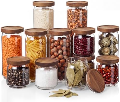 SiliFine Glass Pantry Storage Jar with Lid, 12 Set, Wood Lid by SiliFine