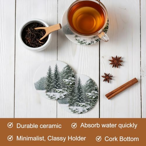 Natural Landscape Coasters for Drinks, Set of 86 Winter Snow-Covered Pine Trees Green Absorbent Ceramic Coaster with Cork Base Decor for Wooden Table & Bar, Housewarming Gift Home Decor - Image 2