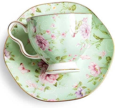 7.5oz Bone China Tea Cup and Saucer Set, Tranquil Green by Unknown