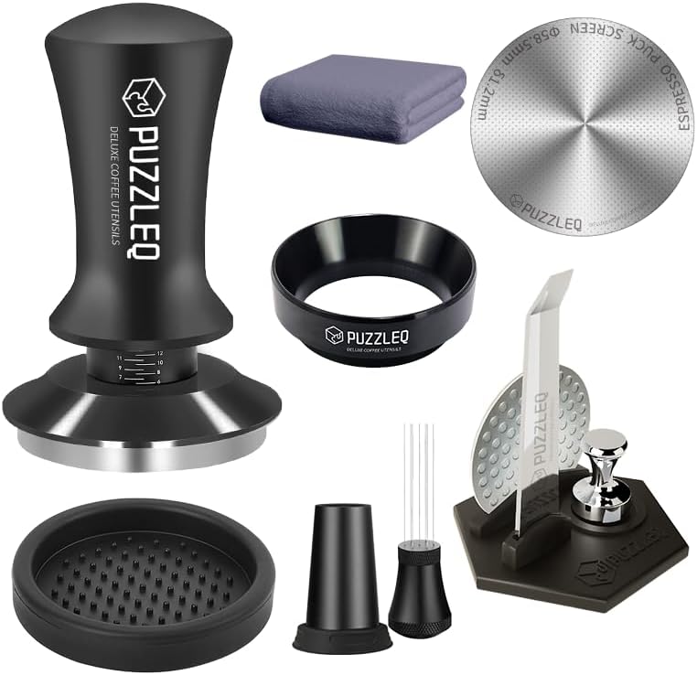 9 Pcs 58mm Espresso Accessories Kit, Spring Loaded Calibrated Tamper,mat，WDT Tool，Dosing Funnel，Puck Screen kit，Basket Removal Tool ，Cleaning ClothSet,Fits 58mm Espresso Coffee Machines(58MM) by Unknown