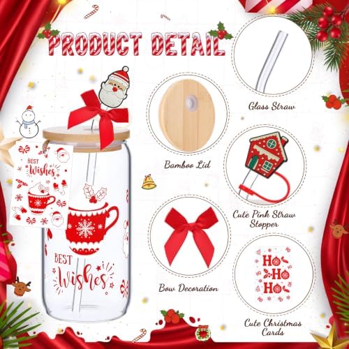 Vesici 6 Set Christmas Glasses Cups 16 oz Xmas Drink Cup with Lid Straw and Stopper Can Shaped Beer Tumbler Xmas Appreciation Gifts with Cards and Bow for Women Birthday Party Favor(Classic Christmas) - Image 4