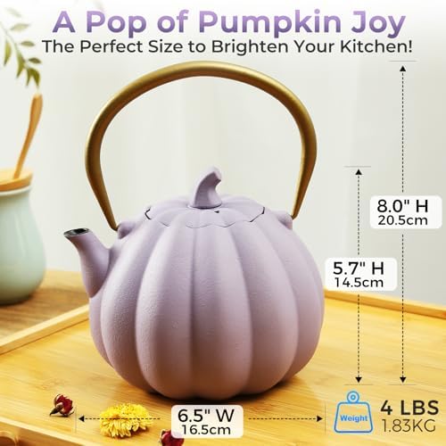 Pumpkin Cast Iron Teapot with Infuser - 40oz Japanese Iron Tea Kettle with Enamel Interior, Cute Halloween Teapot for Loose Tea & Coffee, Stainless Steel Filter, Stove Safe (Purple) - Image 6