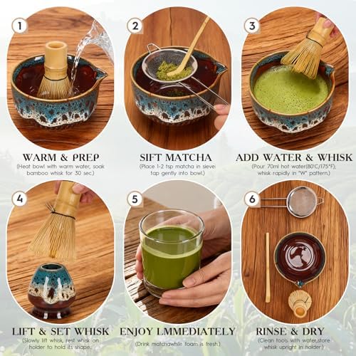 Lapzuli Japanese Matcha Whisk Set, 5 Pcs Matcha Tea Kit with Ceramic Bowl, Bamboo Whisk, Sieve, Spoon & Holder, Matcha Tools for Latte, Ideal Gift (Kiln Black) - Image 3