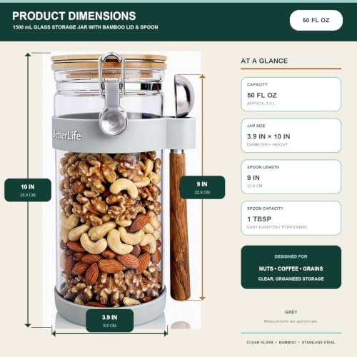 KKC Nut Storage Container Airtight Glass Jar 1500ml 50 oz - Airtight Pantry Storage Canister with Bamboo Lid, Silicone Protective Sleeve & 1 TBSP Long Wooden Handle Spoon for Walnut Almond Pecan - Image 3