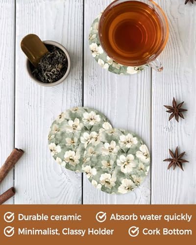 Coaster for Drinks 4 Pack,Spring Waterclor Blooming Floral Absorbent Round Ceramic Stone with Cork Base,Garden Natural Flower Art Drink Coaster Cup Mats for Home Dining Coffee Tables - Image 5