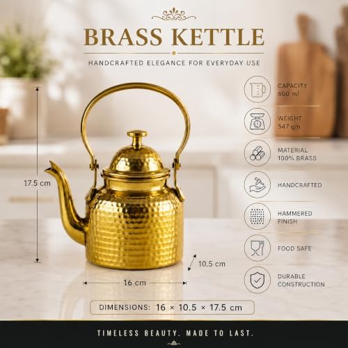 Hammered Brass Tea Kettle 600 ml with Lid, Spout and Traditional Handle - Image 4