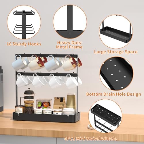RCHYFEED 2 Tier Coffee Cup Holder with 16 Movable Hooks & Storage Basket - Image 3
