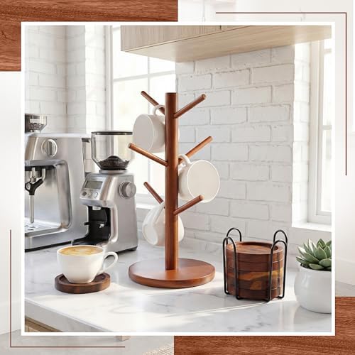 8 Pcs Mug Tree Wooden Coasters Set, Cup Holder 6 Hooks Counter - Image 6