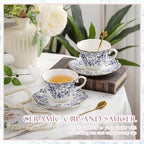 Country Roses Porcelain Tea Cup and Saucer Set with Gold Trim, Vintage Style, For Women and Tea Parties (6, Cyan) - Image 5