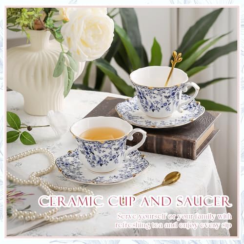 Country Roses Porcelain Tea Cup and Saucer Set with Gold Trim, Vintage Style, For Women and Tea Parties (6, Cyan) - Image 5