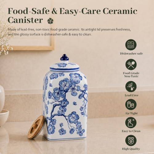 12.5" H Ceramic Kitchen Canisters for Countertop, Tea & Coffee Bean Storage Canister with Airtight Lid, Blue and White Chinoiserie Decor Ginger Jar for Home Decor, 155 fl oz - Plum Blossom - Image 5