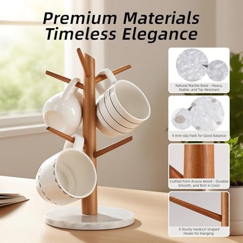 Acacia Wood Mug Tree, Marble Base - Image 6