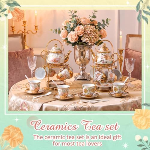 Zhehao 40 Pcs Porcelain Tea Set for Adult, with Metal Holder, Vibrant - Image 4