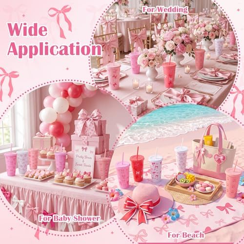 Honeydak 30 Pcs 24 oz Pink Bow Plastic Tumbler with Straw and Lids Bulk - Image 6