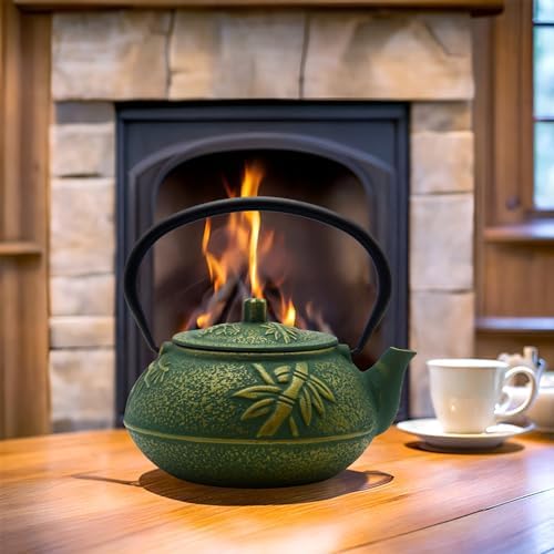 30.4oz Small Cast Iron Tea Kettle, SECHUDO Teapot Coated with Enameled Interior for Stovetop, Japanese Green Tea Pot with Stainless Steel Strainer for Loose Leaf, Pine,Bamboo and Plum Pattern(900ml) - Image 3