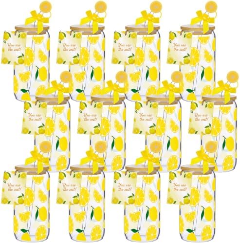 Vesici 12 Set Lemon Glasses with Lid Straw and Stopper, Lemon Gifts by Vesici