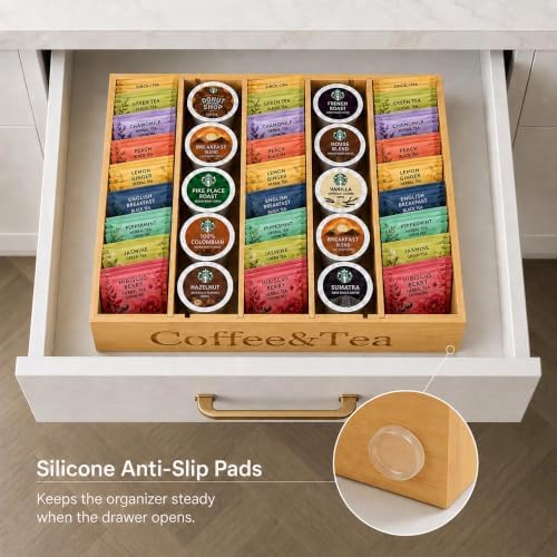 MinBoo Premium Bamboo Coffee Station & Tea Bag Organizer Box -7 Adjustable Slots with Removable Dividers, Silicone Non-Slip Pads - Eco-Friendly Countertop & Drawer Storage for K-Cups, Office Breakroom - Image 2