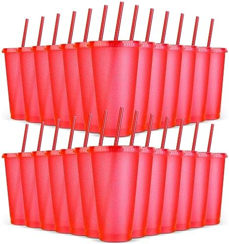24 Pack Plastic Tumblers with Lids and Straws, Reusable Cups with Lids Plastic Colorful Cups for Parties Birthdays, Iced Coffee Cup Travel Mug Cold Drink Cups Bulk Tumblers (24 oz, Red) by LEIFEOSH