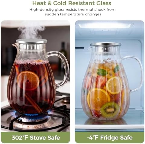2 Pack Glass Pitcher with Lid and Handle for Fridge, Iced Tea and Coffee Carafe Beverage Serveware, 2 Liters/68 oz Heat Resistant Borosilicate Water Jug for Hot/Cold Drinks - Image 4