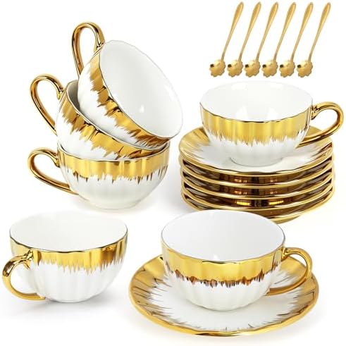 Cappuccino Cups with Saucers, 7.5 oz Ceramic Coffee Cup Set of 6 by Hebaogugu
