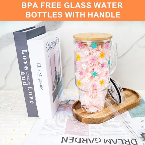 40oz Cute Glass Tumbler with Lids and Straws Flower Water Bottle - Image 2