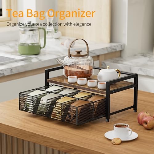 Tea Bag Organizer, Tea Bag Holder with Drawer, Wood and Metal Tea Organizers and Storage Chest for Countertop Kitchen, Office, Rustic Brown - Image 3