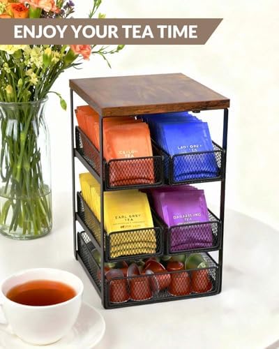 Tea Bag Organizer with 5 Drawers, Wooden & Metal Tea Storage Organizer for TeaBags, Coffee Pods, Creamers & Sugar – Countertop Tea Bag Holder for Coffee Bar and Kitchen, Space-Saving Tea Storage Rack - Image 2