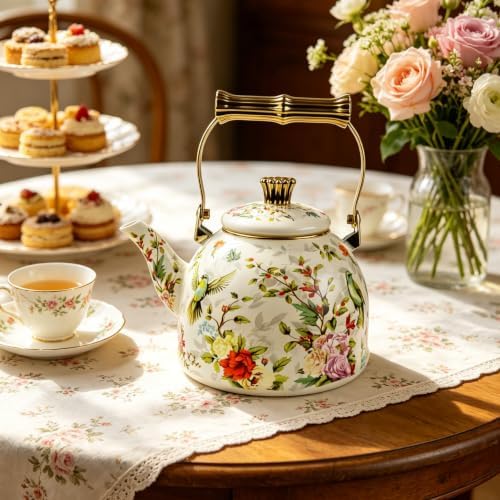 Vintage Enamel Tea Kettle Birds Floral Boho Stovetop Teapot with Gold Handle 2.5L Enamel Kettle Bohemian Kitchen Decor Ideal Gift for Housewarming Camping Coffee Pot - Image 3