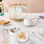6 OZ Bone China Cappuccino Cups with Saucers Set of 6 & Gold Metal Rack - Image 4