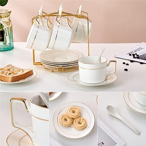 6 OZ Bone China Cappuccino Cups with Saucers Set of 6 & Gold Metal Rack - Image 4