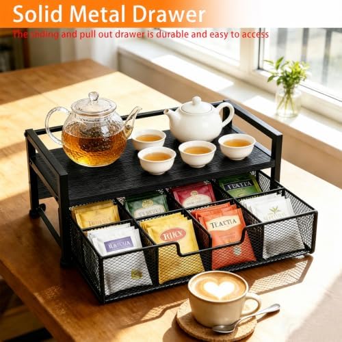 Tea Bag Organizer, Wooden Tea Box with Drawer and Top Tray, Black - Image 6