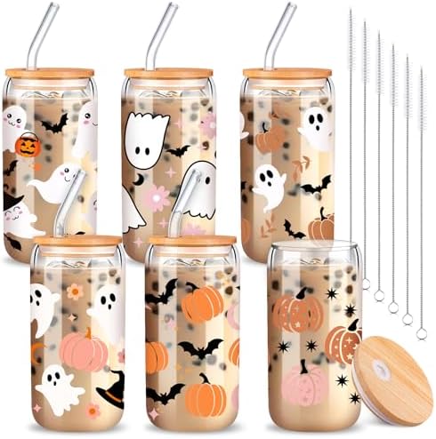 SiliFine 6 Pcs Halloween Glass Cups, 16 oz with Lids and Straws by SiliFine